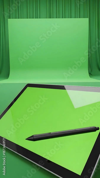 Obraz Digital Tablet with Stylus on Green Background.