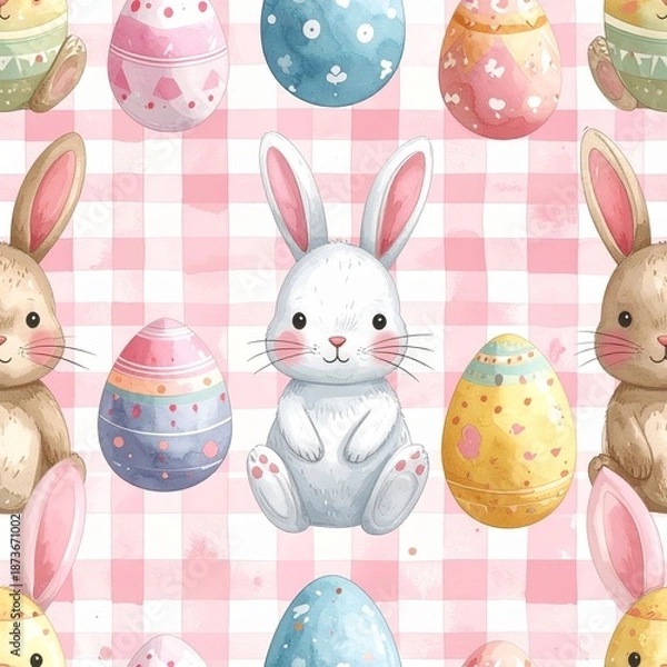 Obraz Easter Watercolor Seamless Pattern Rabbit and Decorated Eggs