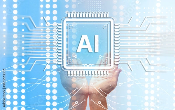 Obraz Artificial intelligence, digital hands present an AI processor to power data analytics, automation, and smart computing across modern technology platforms.
