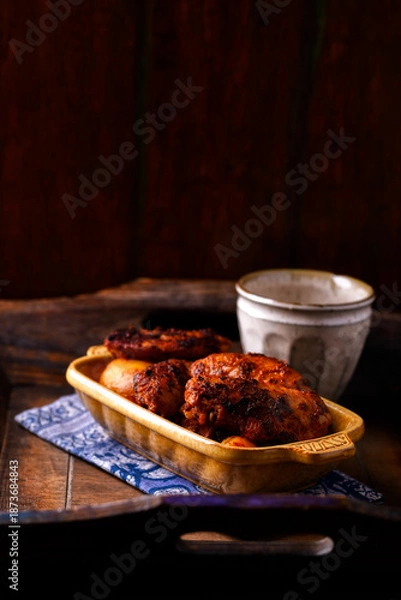 Obraz Fried chicken wings with potatoes on a rustic background. Soft focus.