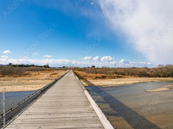 Obraz 青空へ真っ直ぐ伸びる京都・流れ橋の絶景