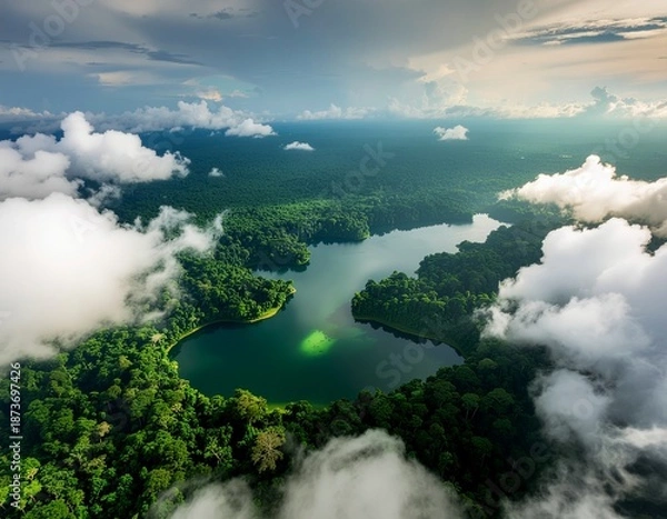 Obraz Lush Green Island Surrounded by Clouds