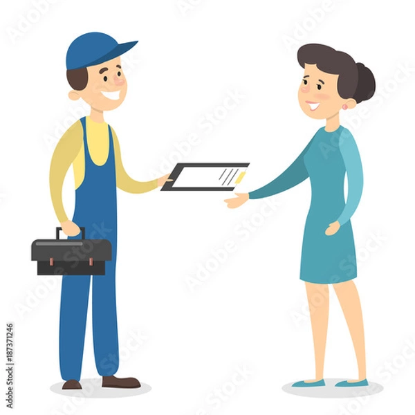 Fototapeta Plumber man with client.