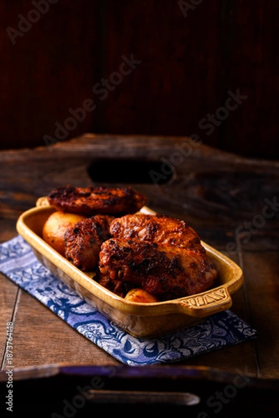 Obraz Fried chicken wings with potatoes on a rustic background. Soft focus.
