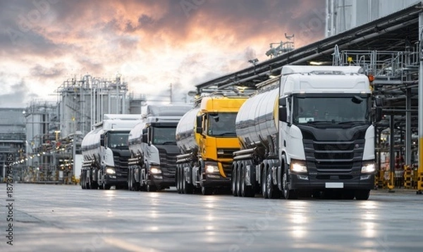 Obraz Trucks Loading at a Distribution Depot During a Dramatic Sunset Overhead