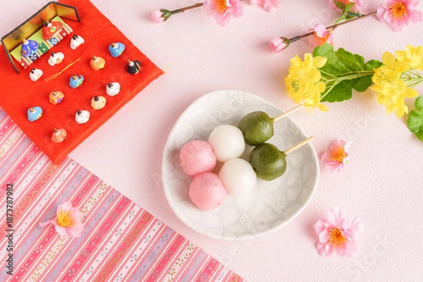 Fototapeta ひなまつり｜三色団子と桃の花と菜の花