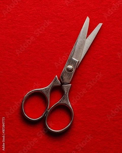 Obraz Sharp Silver Metal Sewing Scissors on Vibrant Red Felt Background