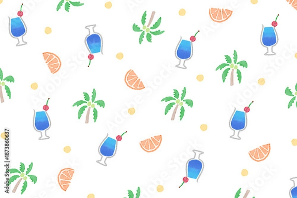 Fototapeta 白背景に手描きイラストパターン。夏の旅行やビーチ・リゾートのコンセプト。水彩のカクテルとヤシの木