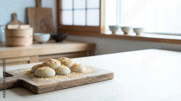 Obraz 和室に置かれたきな粉をまぶした手作り餅菓子