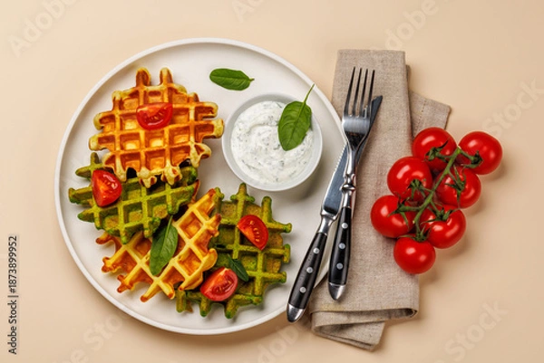 Obraz Vegan spinach waffles top view