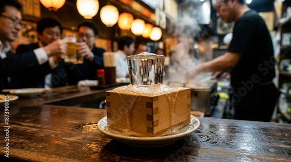 Fototapeta 居酒屋のカウンターで溢れる日本酒の升酒