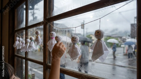 Obraz 雨の日に窓辺で揺れるてるてる坊主を触る子供の手