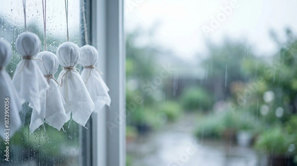 Obraz 雨粒が流れる窓ガラスに吊るされたてるてる坊主