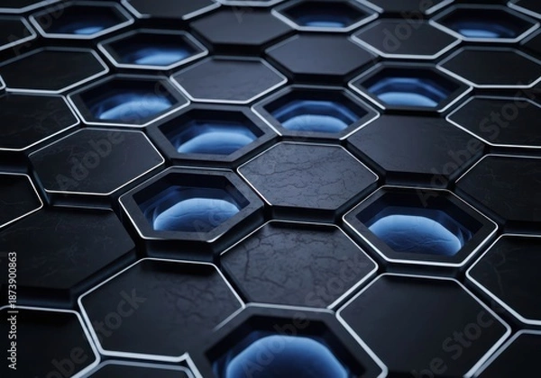 Obraz Dark hexagonal geometric pattern with glowing blue light in the center