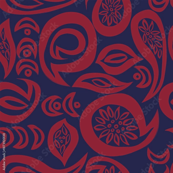 Obraz Navy Red Paisley abstract seamless pattern design