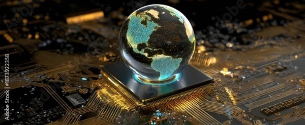 Obraz The Globe Perched on a Microchip Representing Global Technology and Digital Connectivity