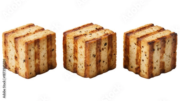 Obraz Grilled tofu cubes presented as three separate thick cubes
