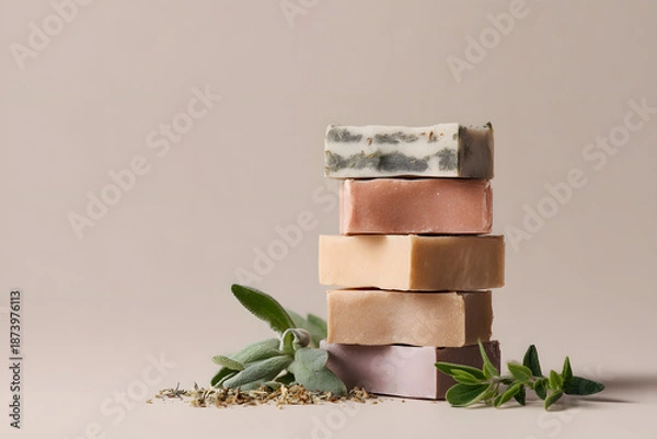 Fototapeta Handmade soap stack with herbs on a simple background during daylight