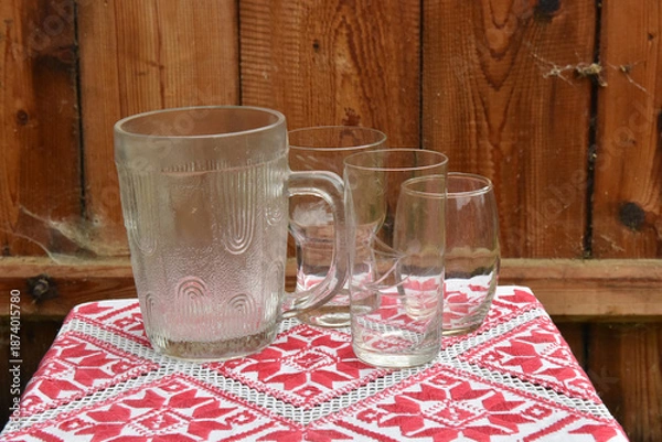 Obraz Glassware collection on rustic wooden table