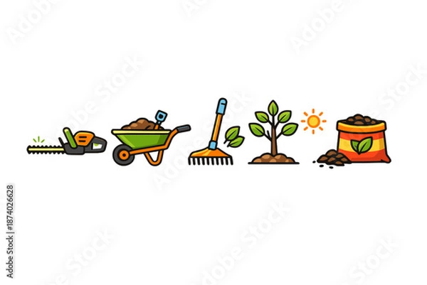 Obraz Gardening Tools and Growing Plants Sequence