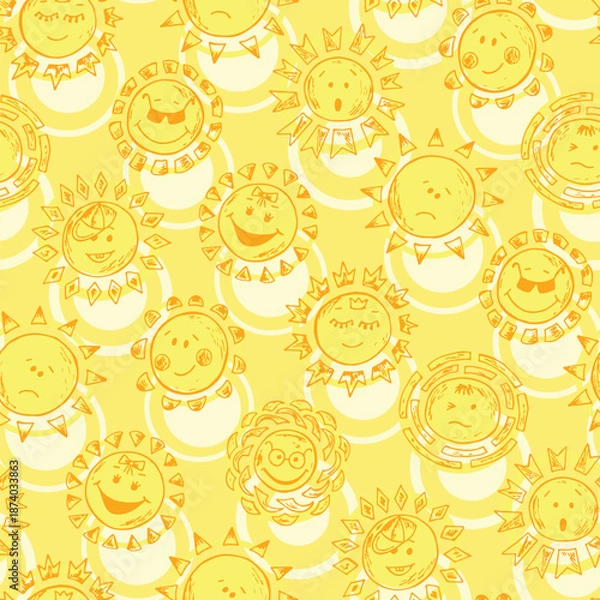 Obraz Hand drawn cute doodle sun yellow vector seamless pattern
