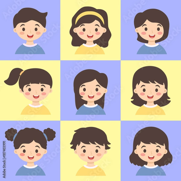 Obraz Cute kids face avatar cartoon character with different hair style vector illustration set