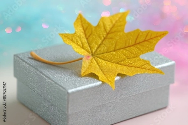 Obraz Golden Maple Leaf On Silver Gift Box