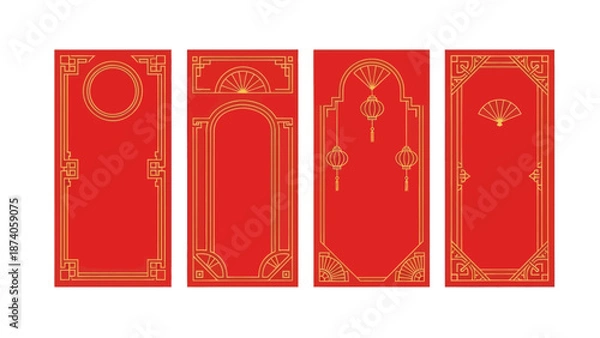 Obraz Elegant Red and Gold Chinese Frames with Decorative Elements