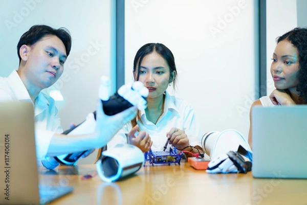 Obraz Diverse engineering students team developing robotic technology in laboratory