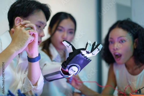 Obraz Diverse engineering students team developing robotic technology in laboratory