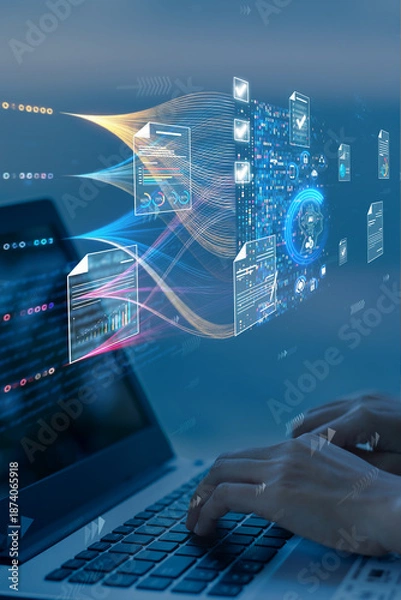 Fototapeta ai data analytics and automation technology workflow on computer dashboard interface

