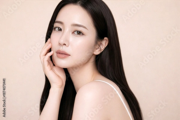 Obraz パステルベージュ背景の美しい女性ポートレート