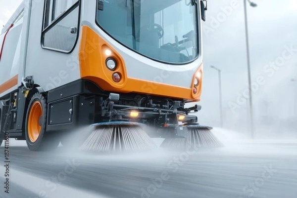 Obraz Street sweeper cleaning road front view