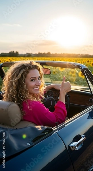 Obraz 夕陽とひまわりのドライブ