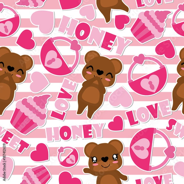 Fototapeta Seamless pattern of cute bear and Valentine elements on striped background vector cartoon illustration for Valentine wrapping paper, kid fabric clothes, and wallpaper
