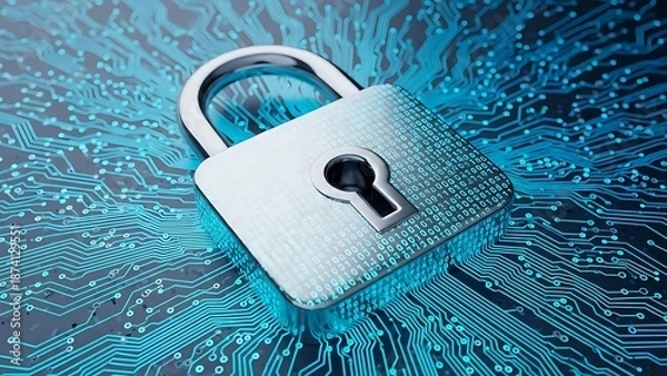 Fototapeta Secure digital padlock on circuit board background with binary code