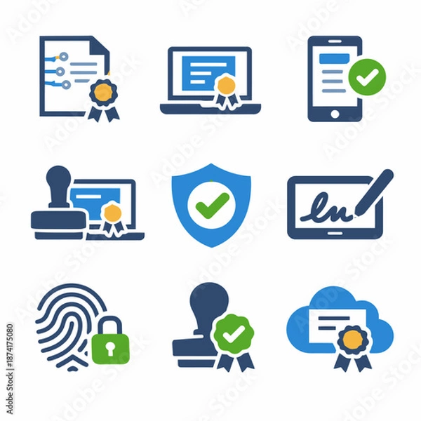 Obraz Digital security icons featuring documents, devices, and authentication methods
