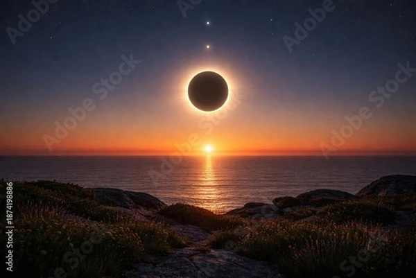 Fototapeta Solar eclipse with clear horizon and celestial alignment