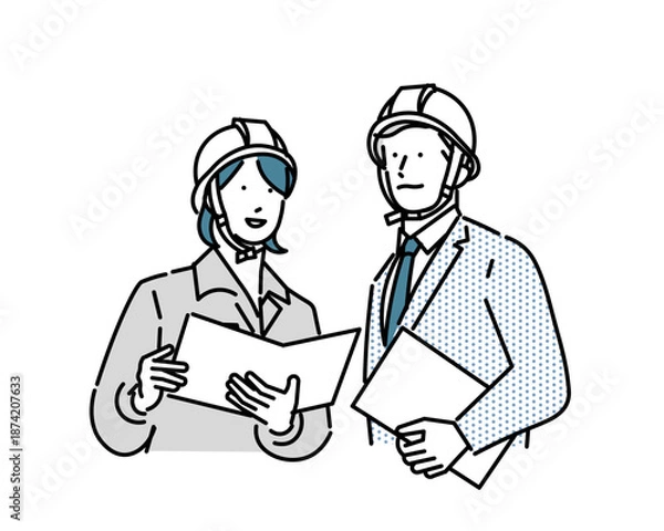 Fototapeta 書類またはPCを持つビジネスパーソンー男女ー上半身ーヘルメットを被った男女ーベクターイラスト素材