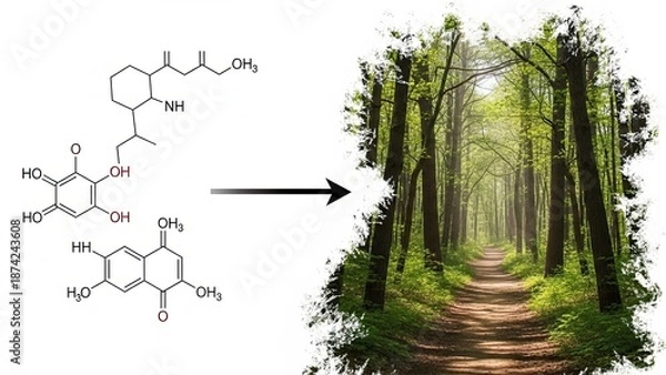 Fototapeta Molecular Structure Transforming into Forest Pathway.