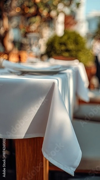 Obraz Outdoor Restaurant Table Setting With White Tablecloth