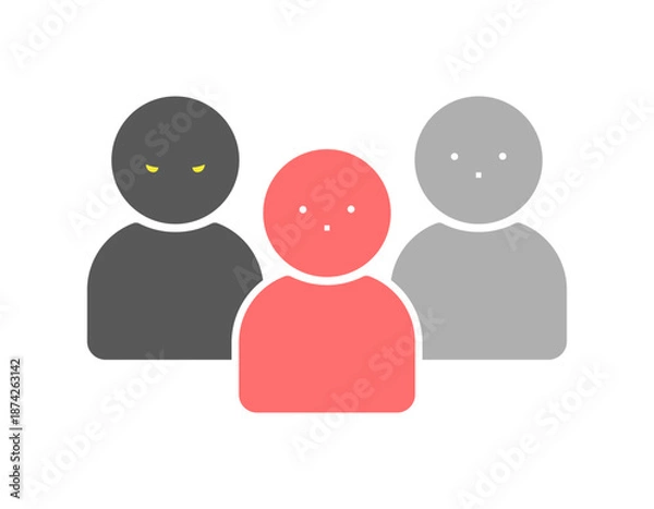 Obraz 1人の人物が怖い顔をしている3人組のアイコン - 被害者と加害者の関係を表すシンプルなイラスト