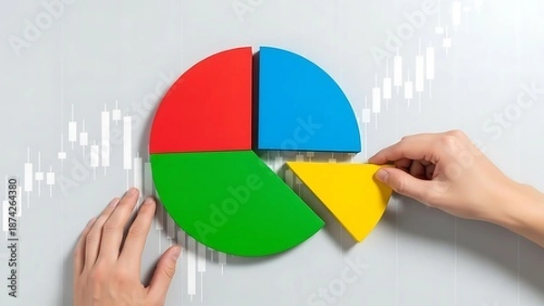 Obraz Hands Assembling Colorful Pie Chart On Financial Graph Background