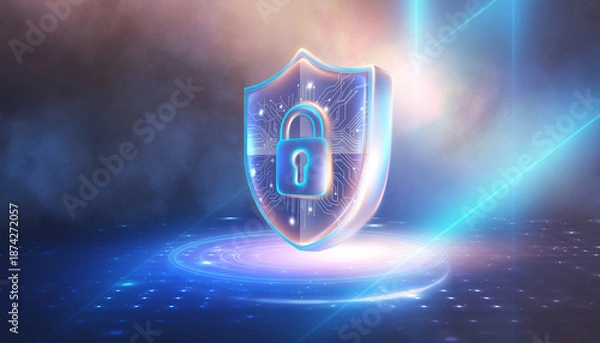 Fototapeta Network security system, cloud, neon. Personal data information. Information and cybersecurity technology services. Internet technologies.