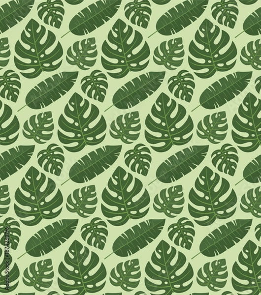 Obraz Seamless tropical pattern with green leaves. Background with exotic botanical elements