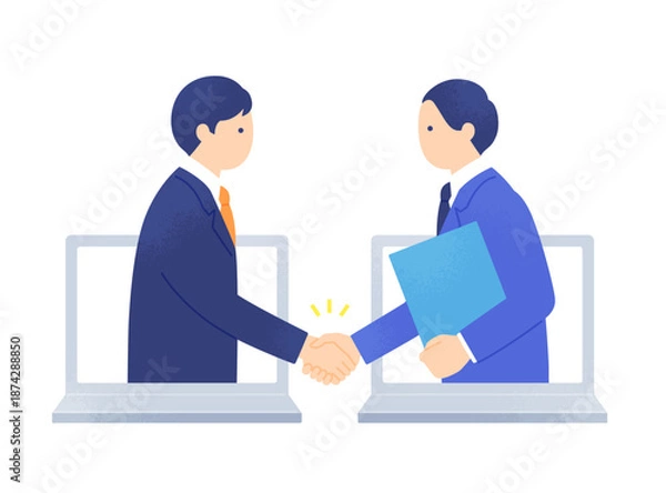 Obraz オンライン商談と電子契約の成立。パソコン画面越しに握手するビジネスパーソン。