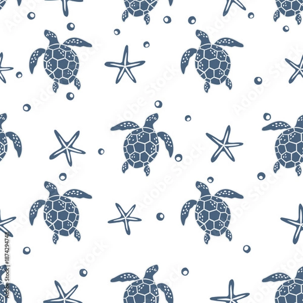 Obraz Seamless pattern with turtle and starfish