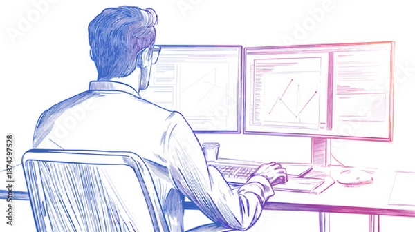 Fototapeta Man Working on Computer with Multiple Monitors.