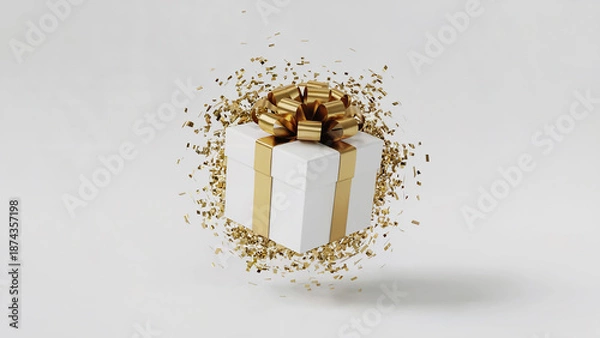Obraz White Gift Box with Gold Ribbon and Bow Surrounded by Exploding Confetti