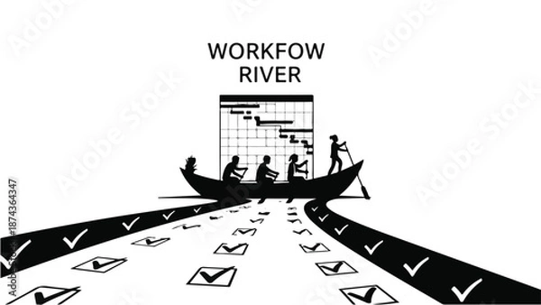 Fototapeta Business workflow process concept with team navigating checklist river